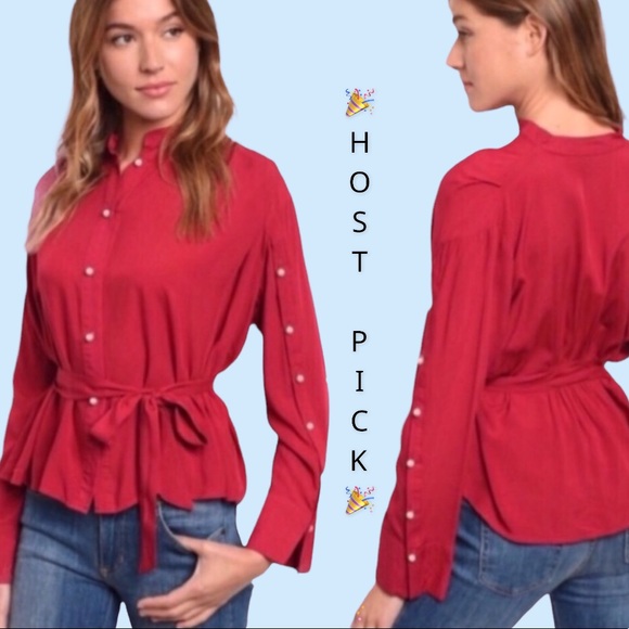 Tops - Burgundy Pearl Button Up Tie Waist Top